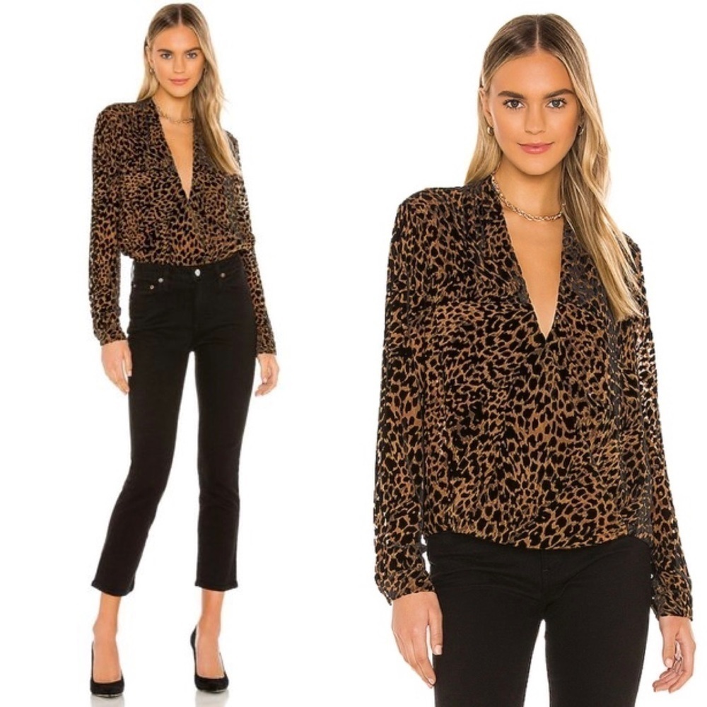 L'AGENCE Leopard Print Long-Sleeve V-Neck Blouse - Brown/Black